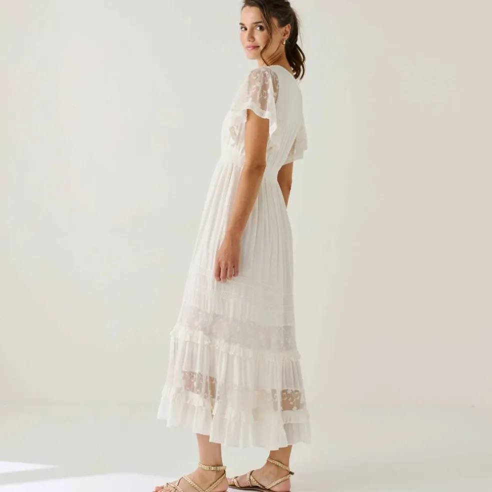 Robe longue crépon et tulle brodé