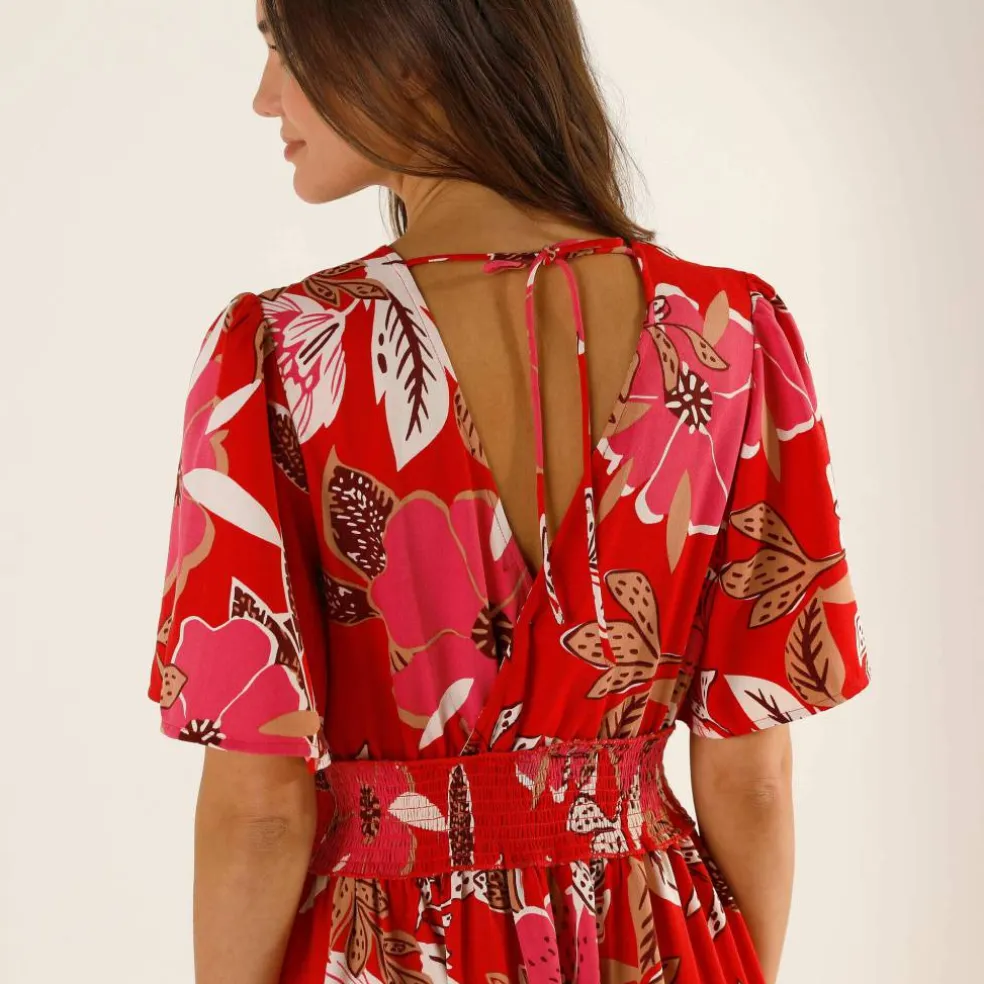 Robe longue décolleté cache-coeur, crêpe imprimé