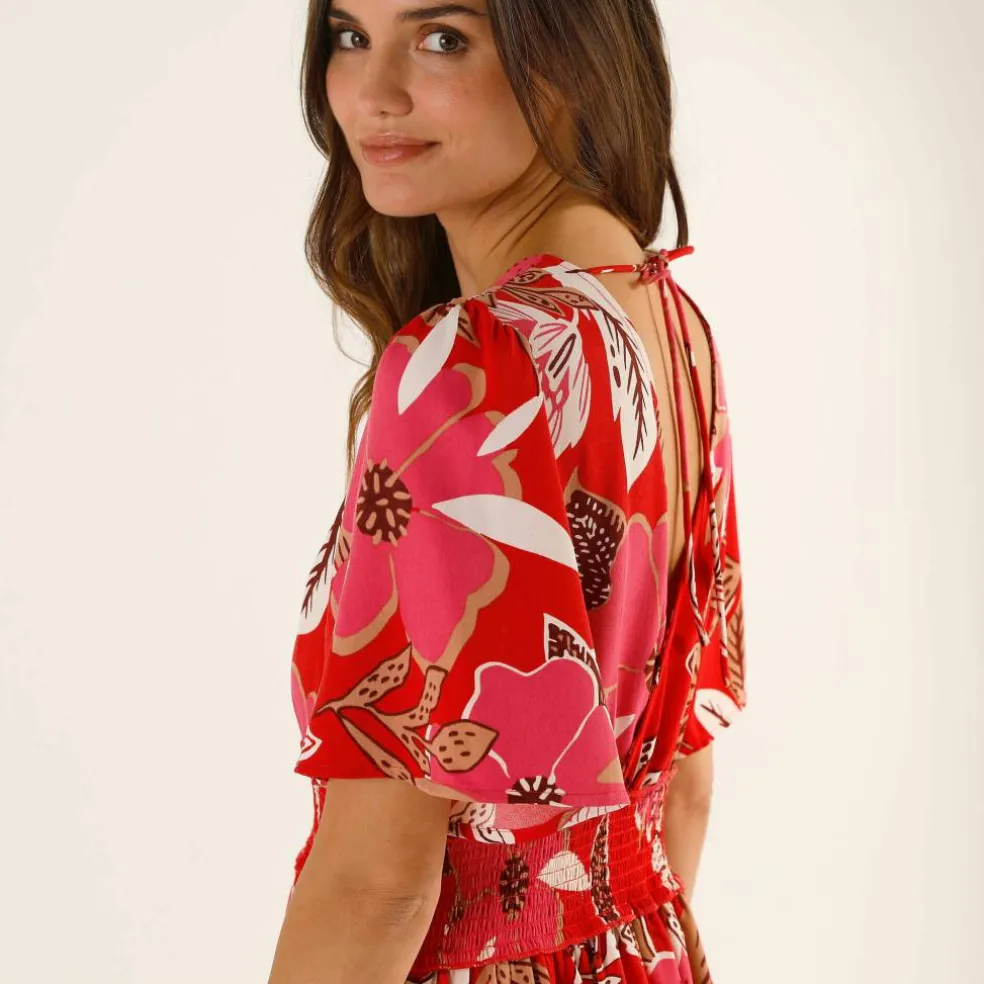 Robe longue décolleté cache-coeur, crêpe imprimé