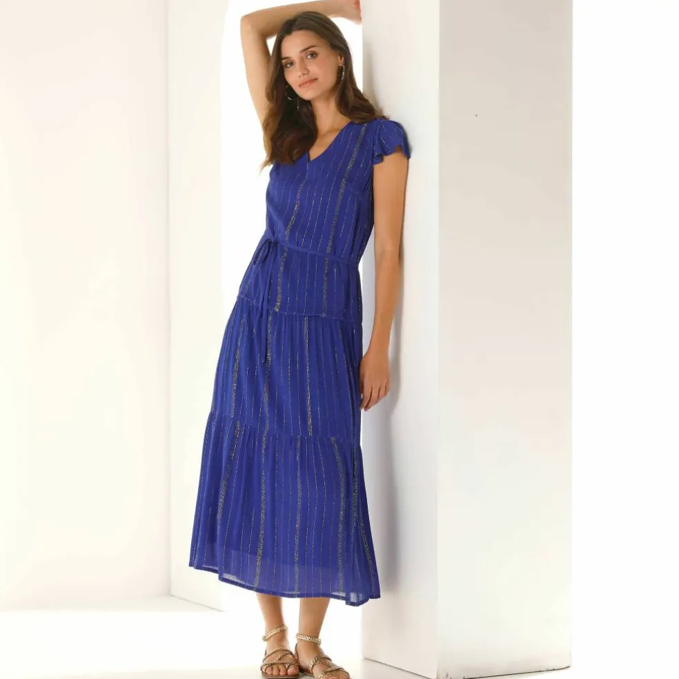 Robe longue en crépon, fils brillants