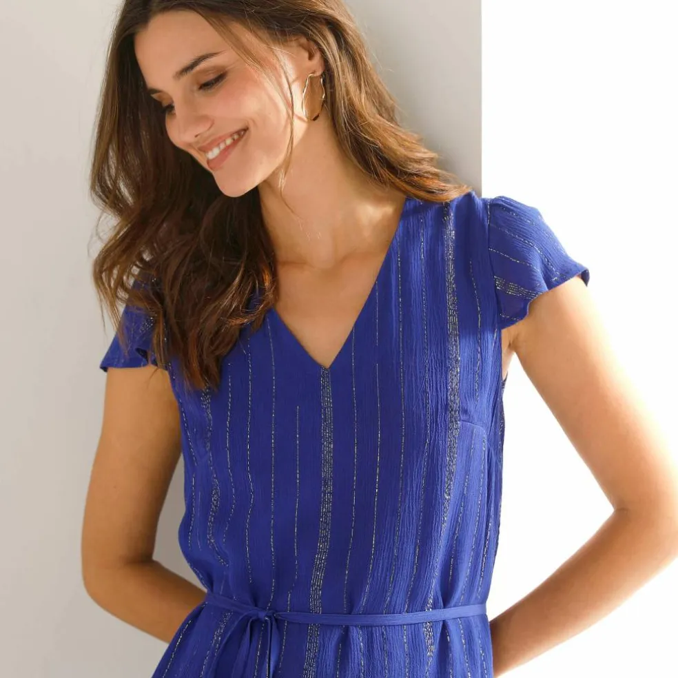 Robe longue en crépon, fils brillants