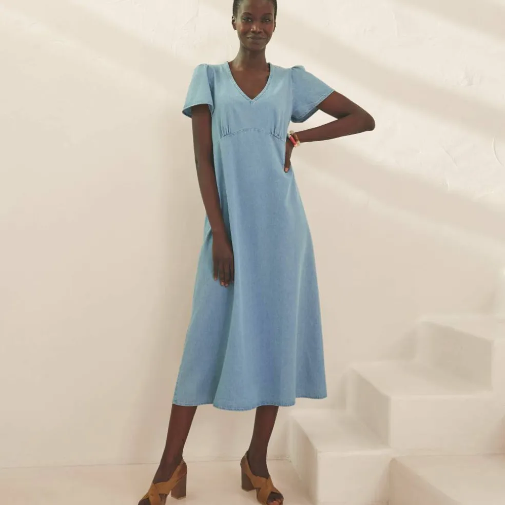 Robe longue en jean, manches papillon