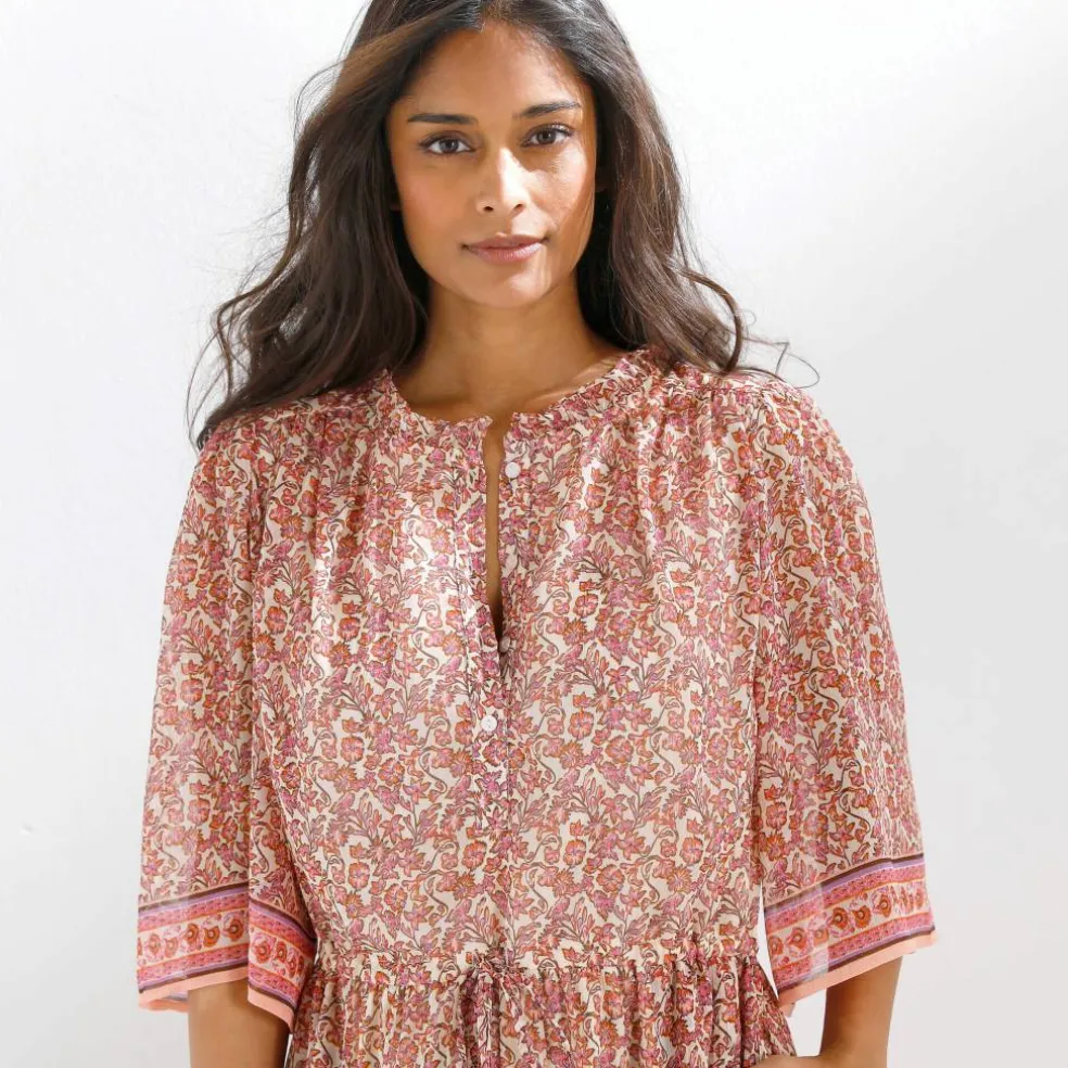 Robe longue en voile imprimé, manches papillon