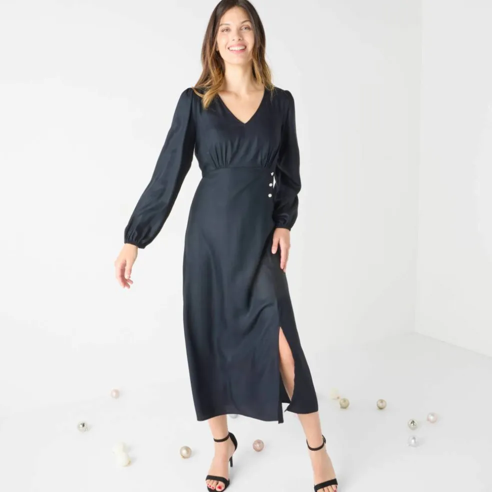 Robe longue fluide col V unie