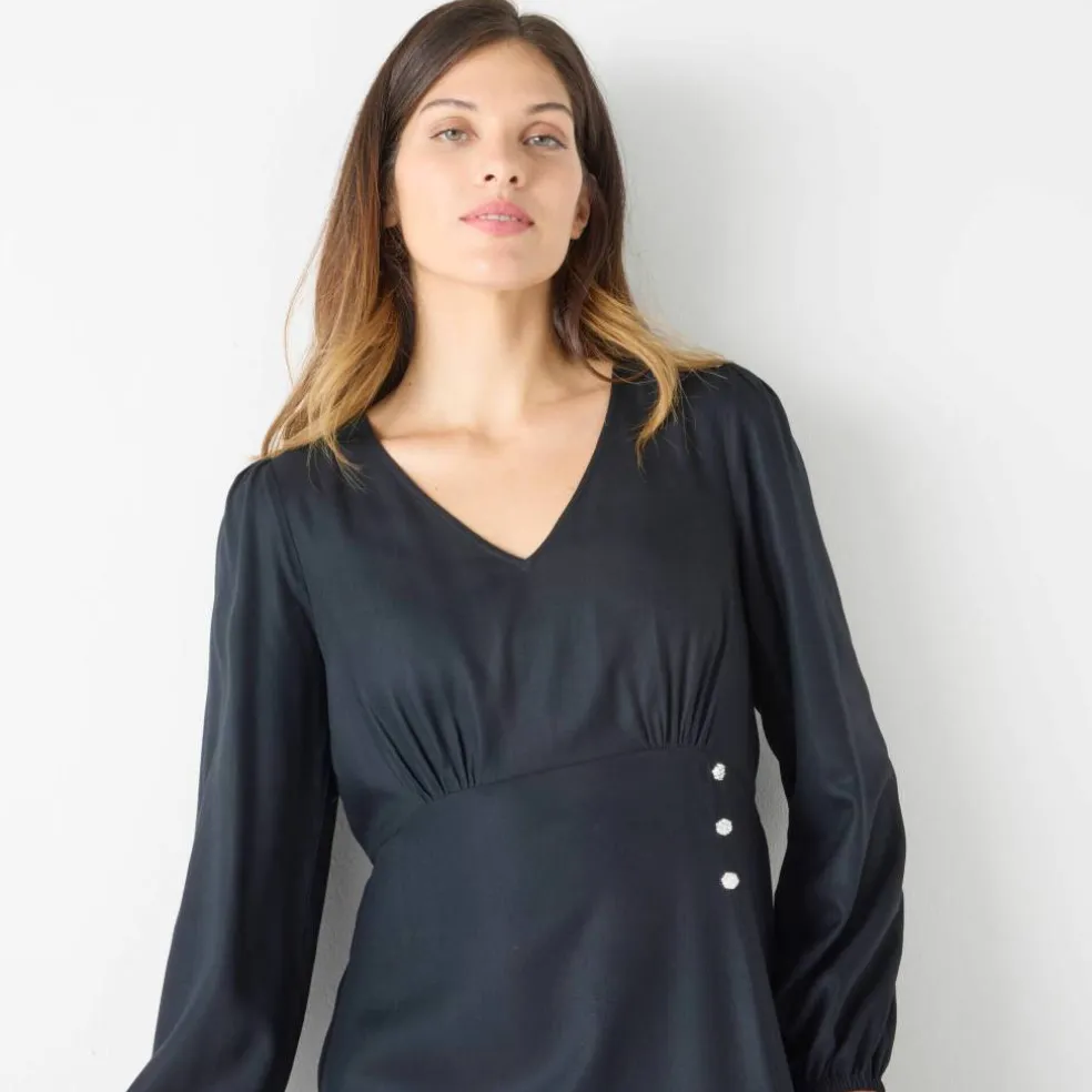 Robe longue fluide col V unie