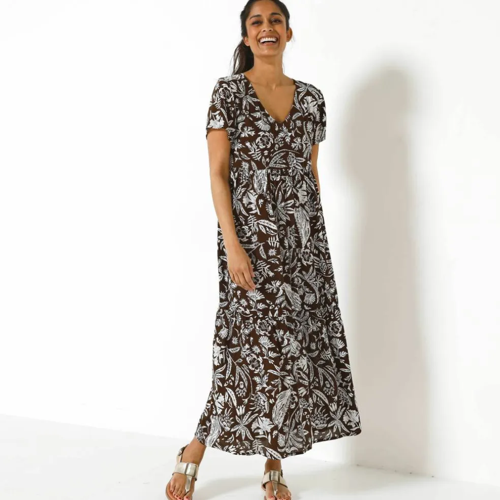 Robe longue imprimée col V, crépon