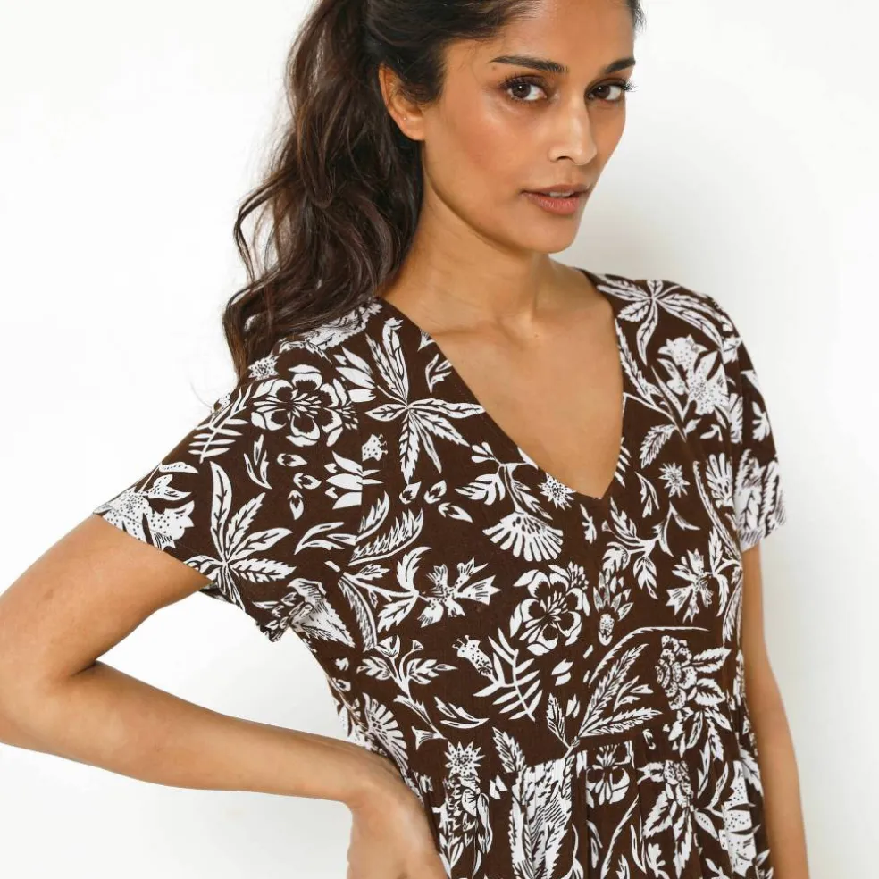 Robe longue imprimée col V, crépon