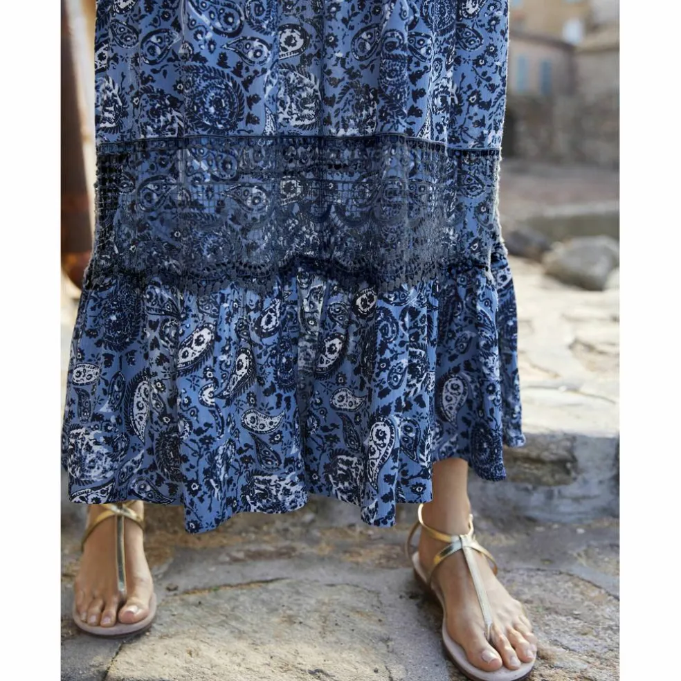 Robe longue imprimée manches 3/4 fendues