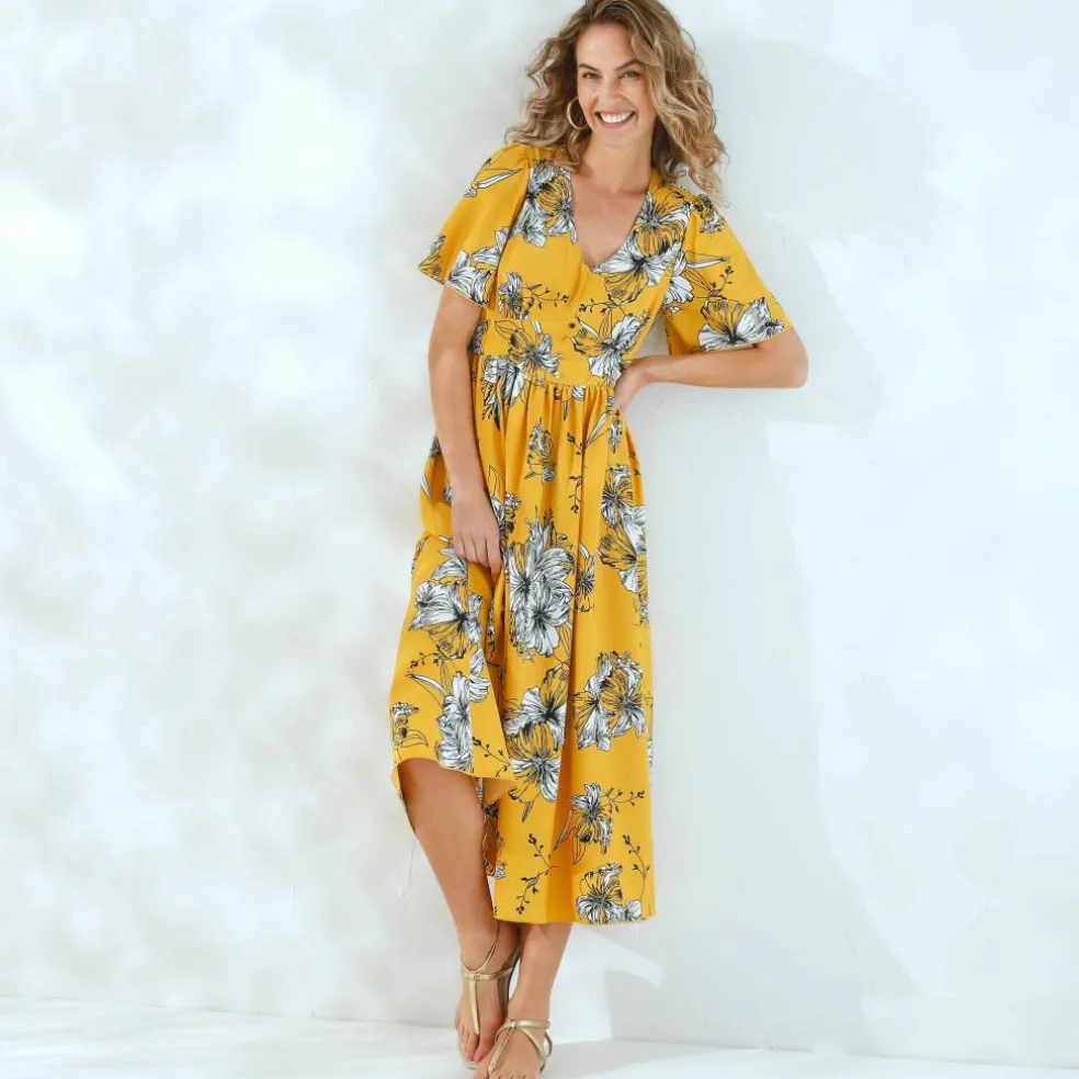 Robe longue imprimée, manches évasées