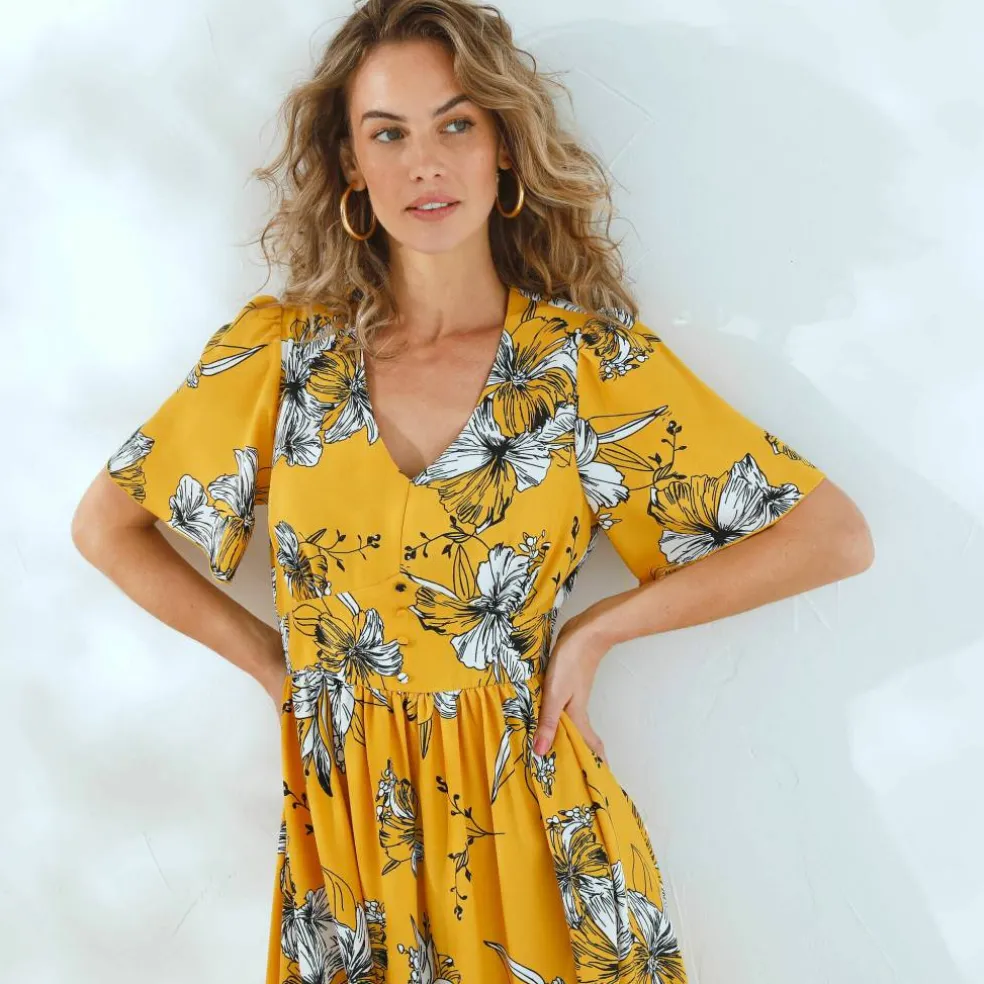 Robe longue imprimée, manches évasées