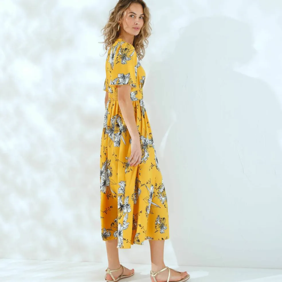 Robe longue imprimée, manches évasées