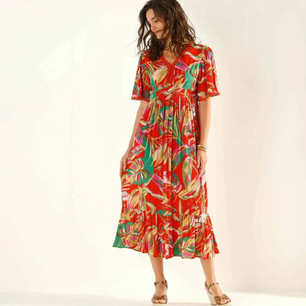 Robe longue macramé, imprimé tropical