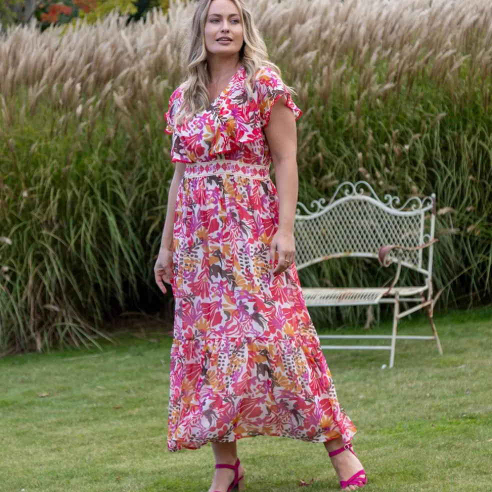 Robe longue manches volantées, imprimé multicolore