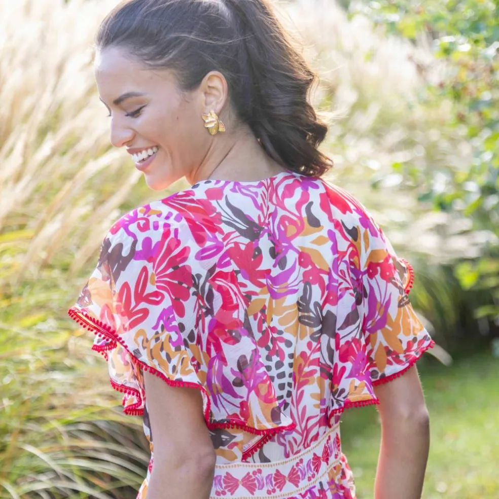 Robe longue manches volantées, imprimé multicolore
