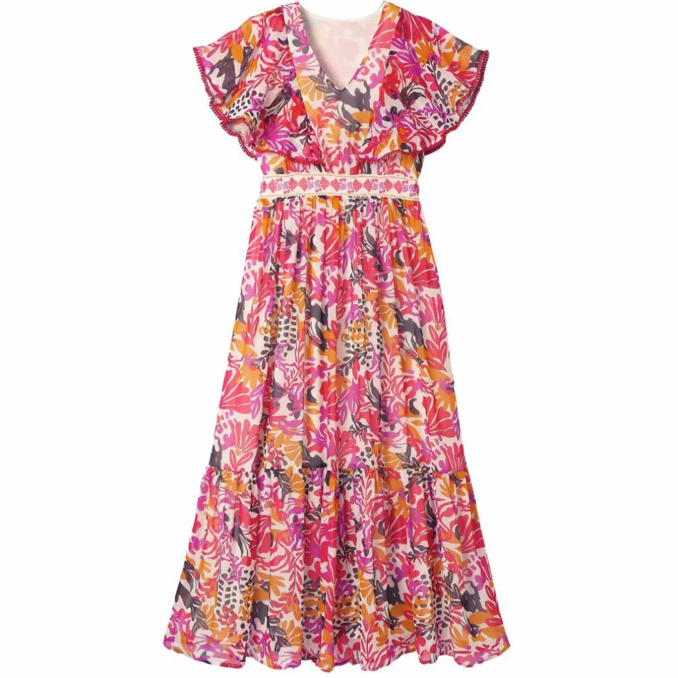 Robe longue manches volantées, imprimé multicolore