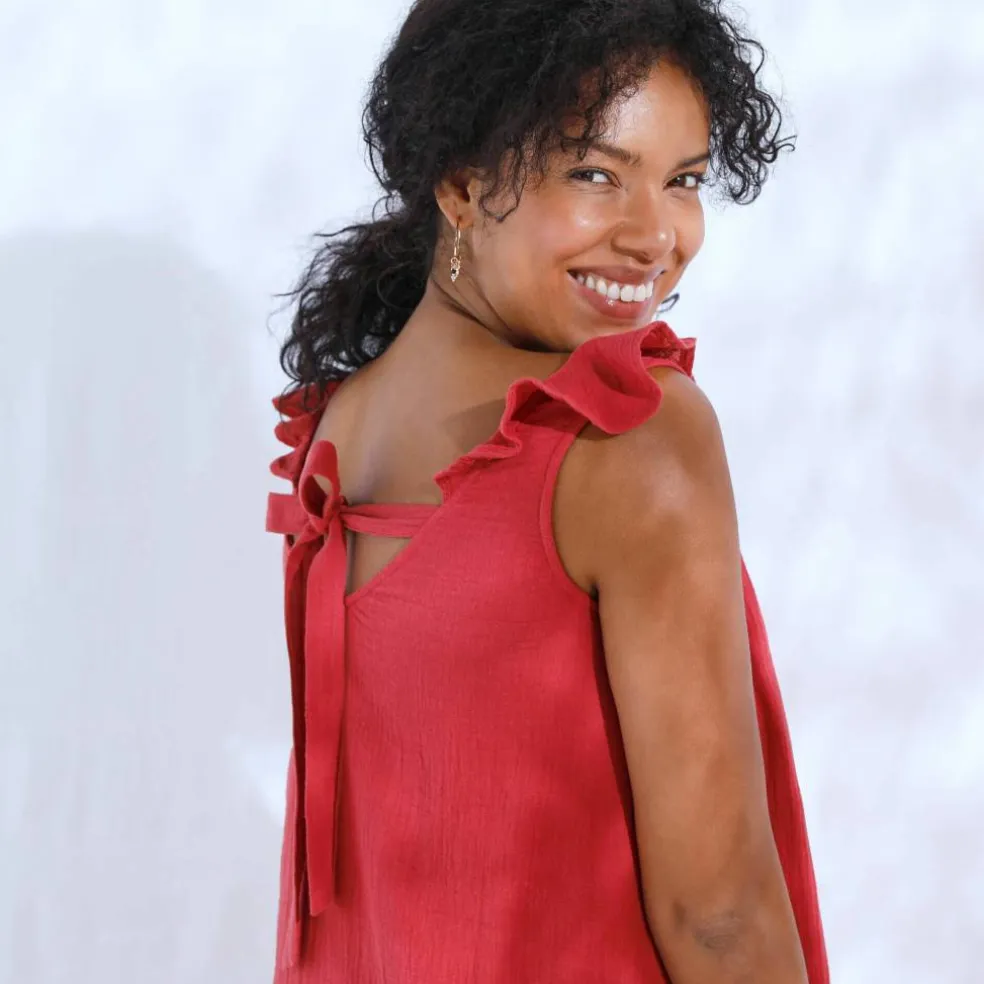 Robe longue épaules volantées, en gaze de coton