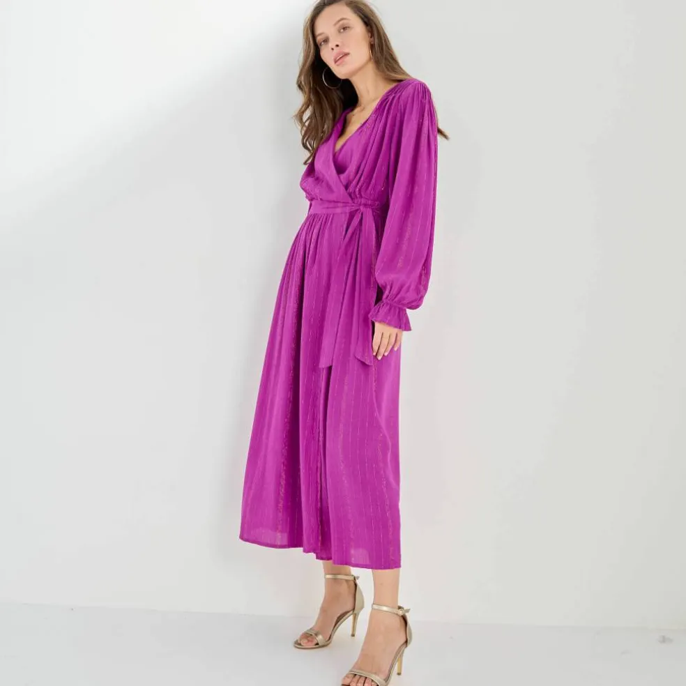 Robe longue "portefeuille" en crépon, doublée