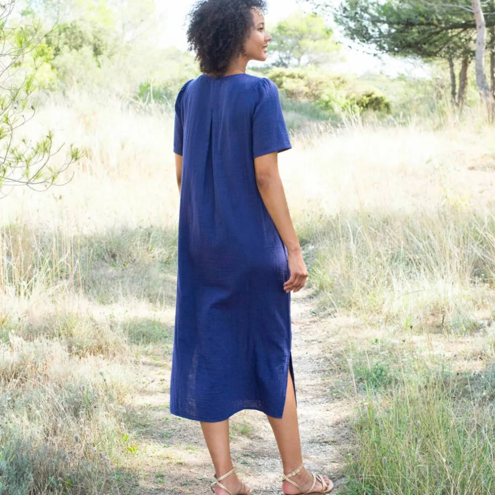 Robe longue unie col V, gaze de coton