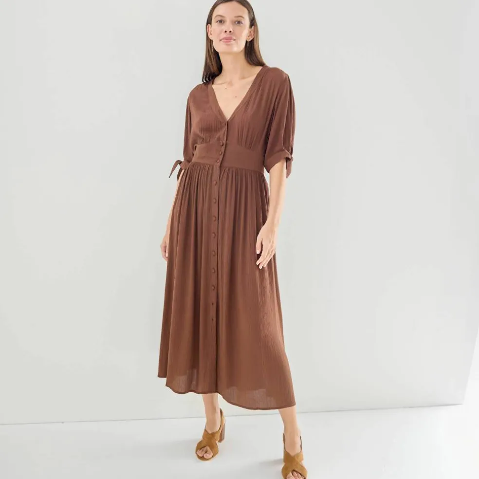 Robe longue évasée unie, viscose crépon