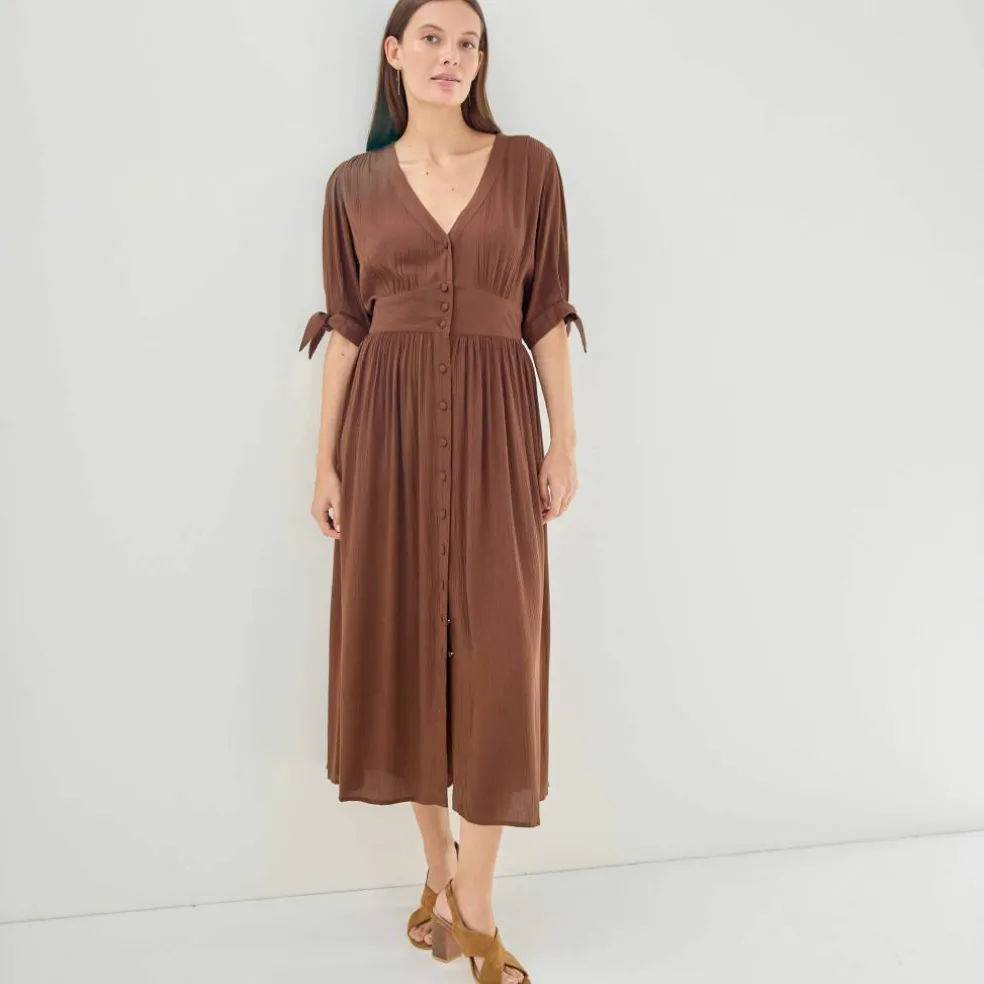 Robe longue évasée unie, viscose crépon