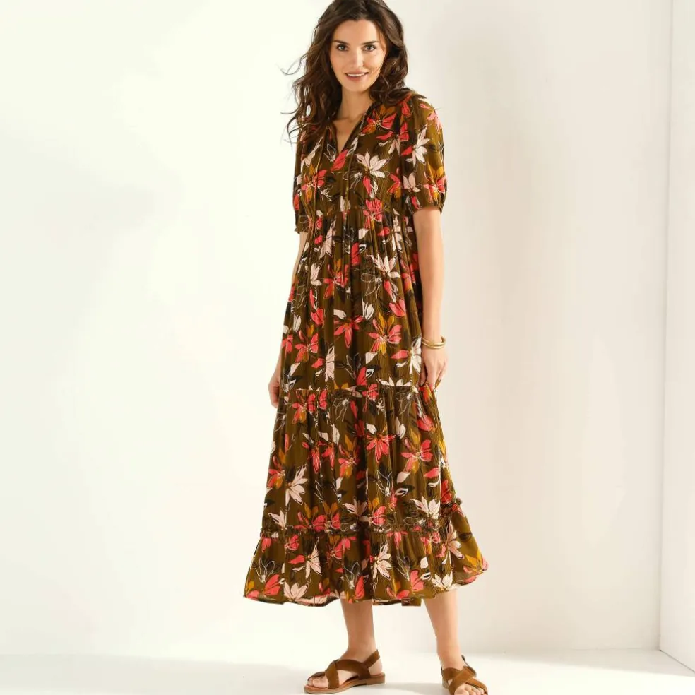 Robe longue volantée, crépon imprimé
