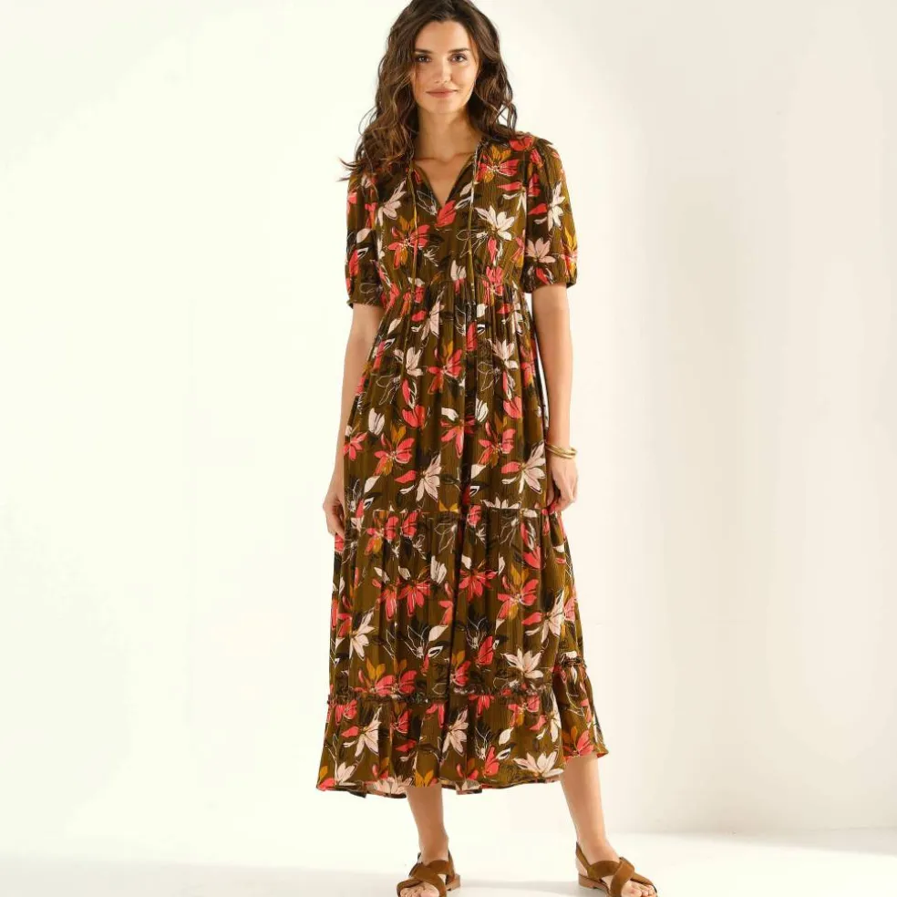 Robe longue volantée, crépon imprimé