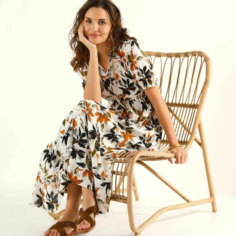 Robe longue volantée, crépon imprimé