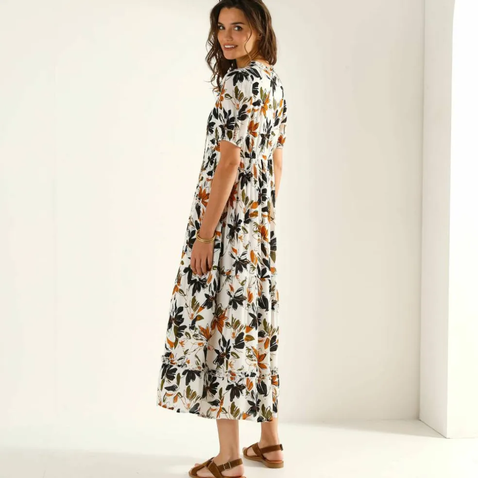 Robe longue volantée, crépon imprimé