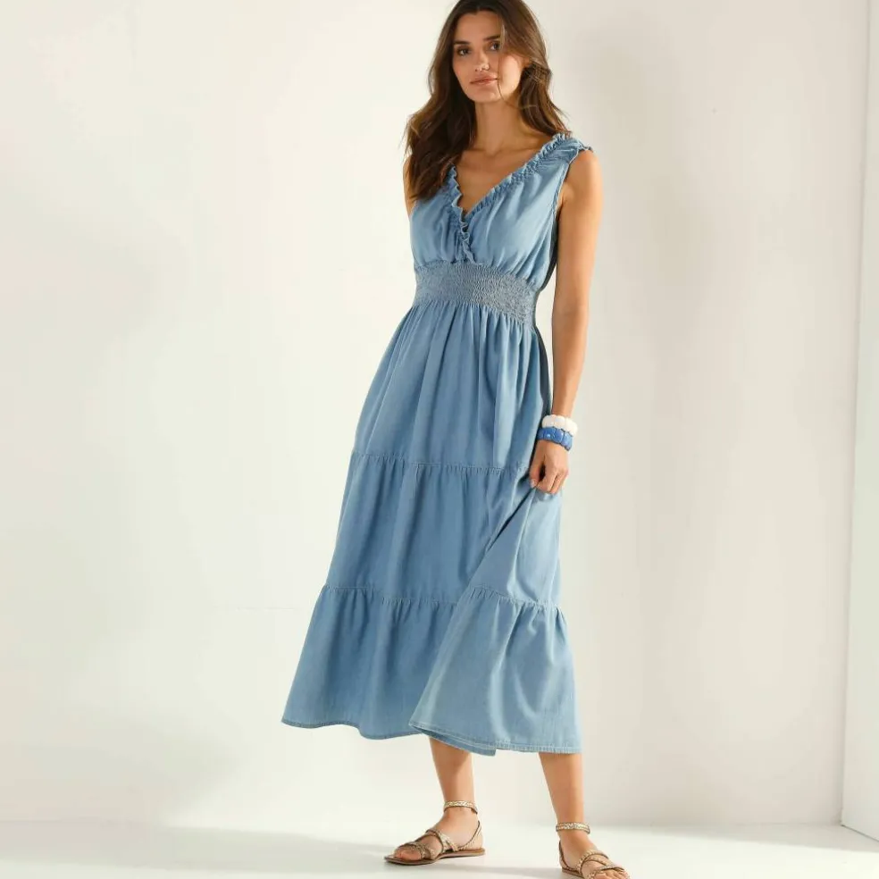 Robe longue volantée, denim léger