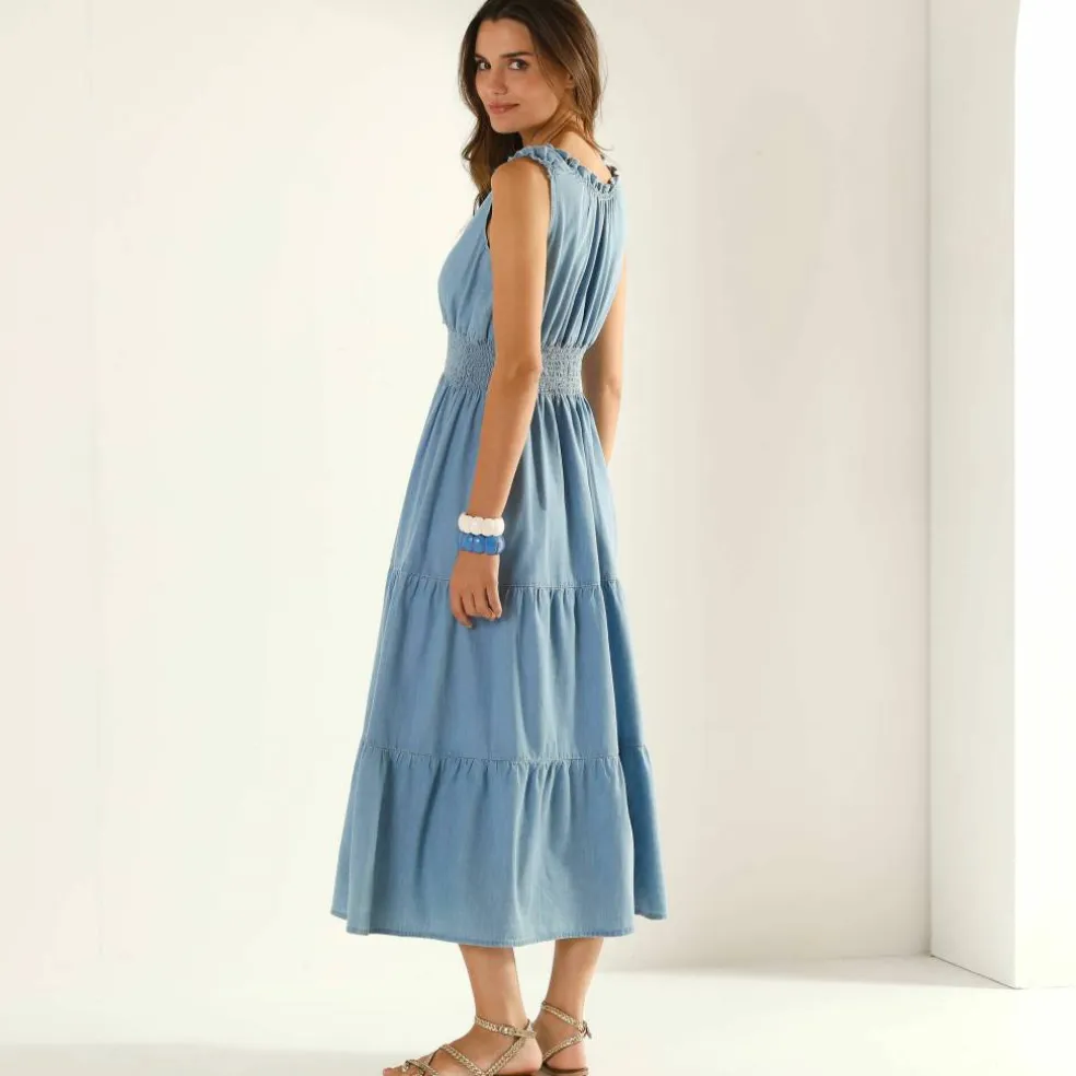 Robe longue volantée, denim léger
