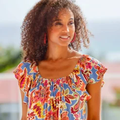 Robe longue volantée, crépon imprimé