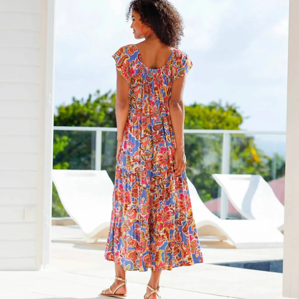 Robe longue volantée, crépon imprimé