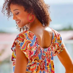 Robe longue volantée, crépon imprimé