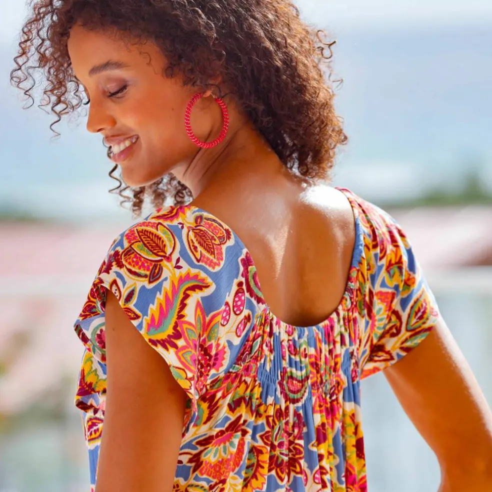 Robe longue volantée, crépon imprimé