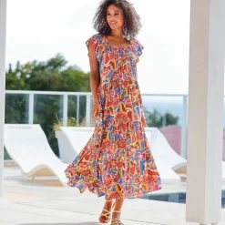Robe longue volantée, crépon imprimé