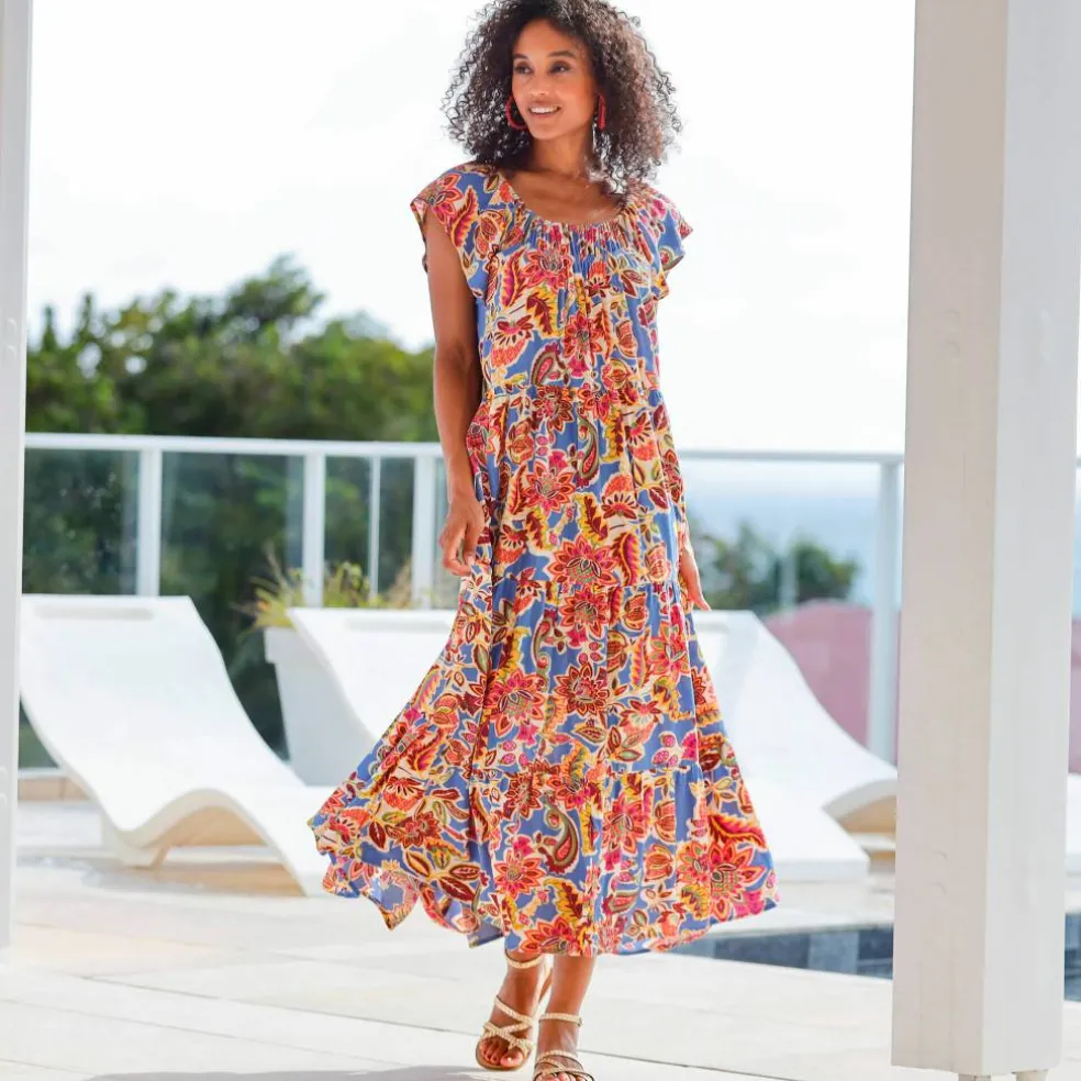 Robe longue volantée, crépon imprimé