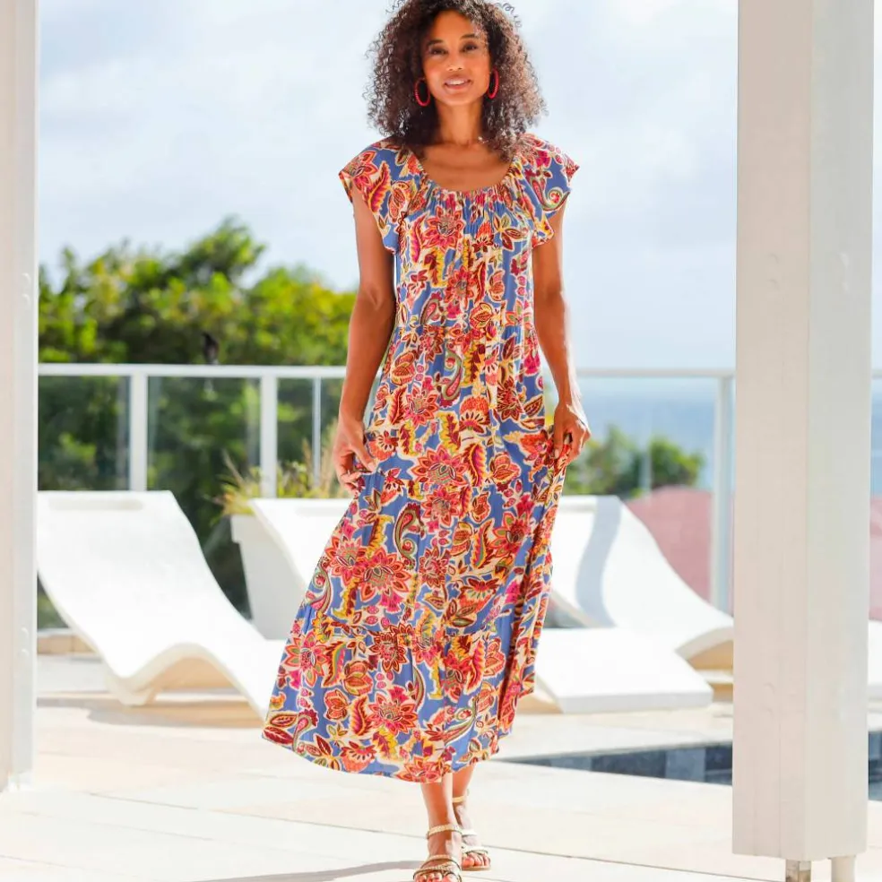 Robe longue volantée, crépon imprimé