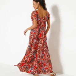 Robe longue volantée, crépon imprimé