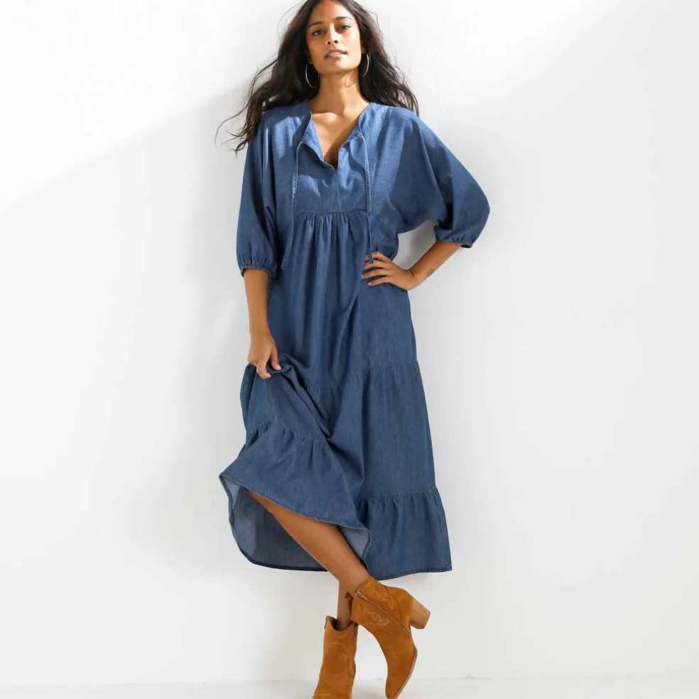 Robe longue volantée en jean