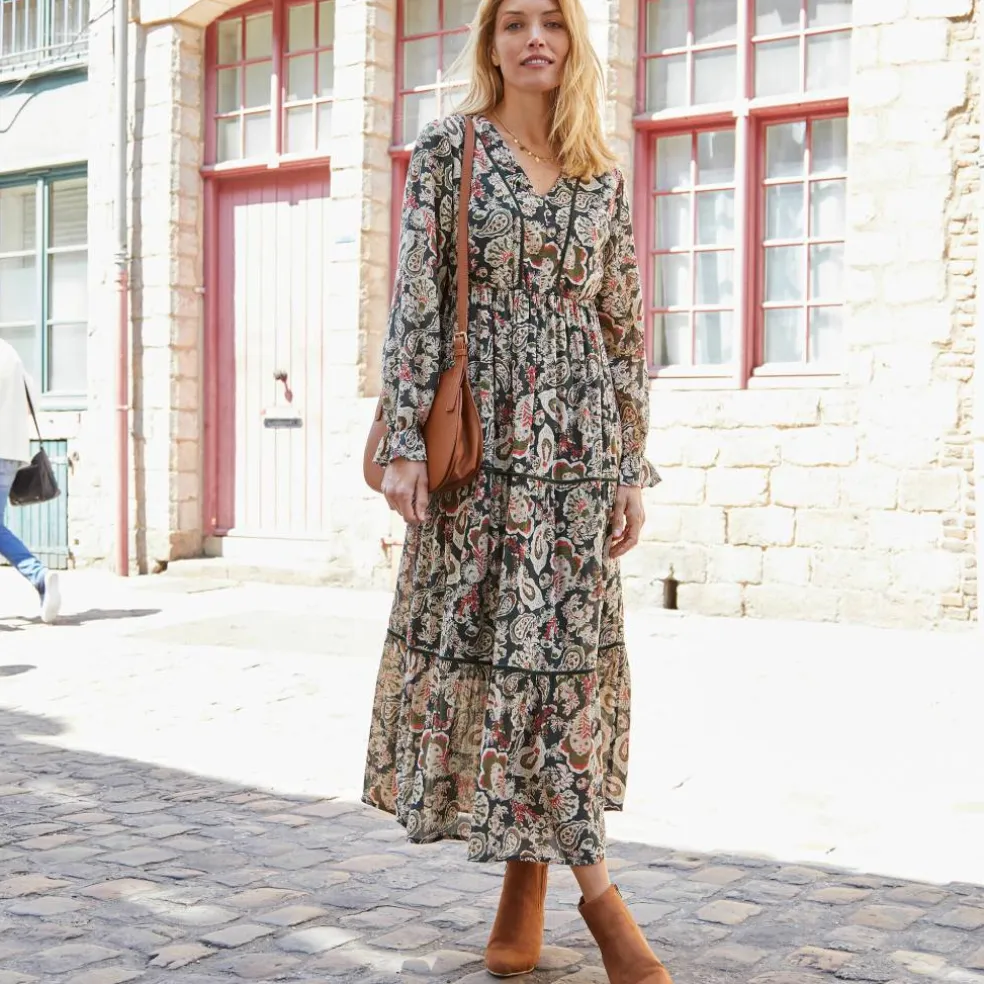 Robe longue volantée imprimée, crépon