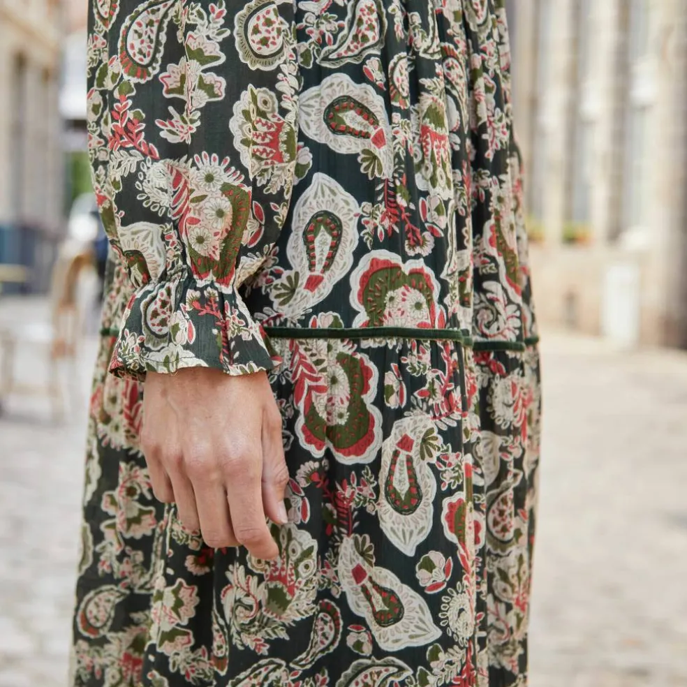 Robe longue volantée imprimée, crépon