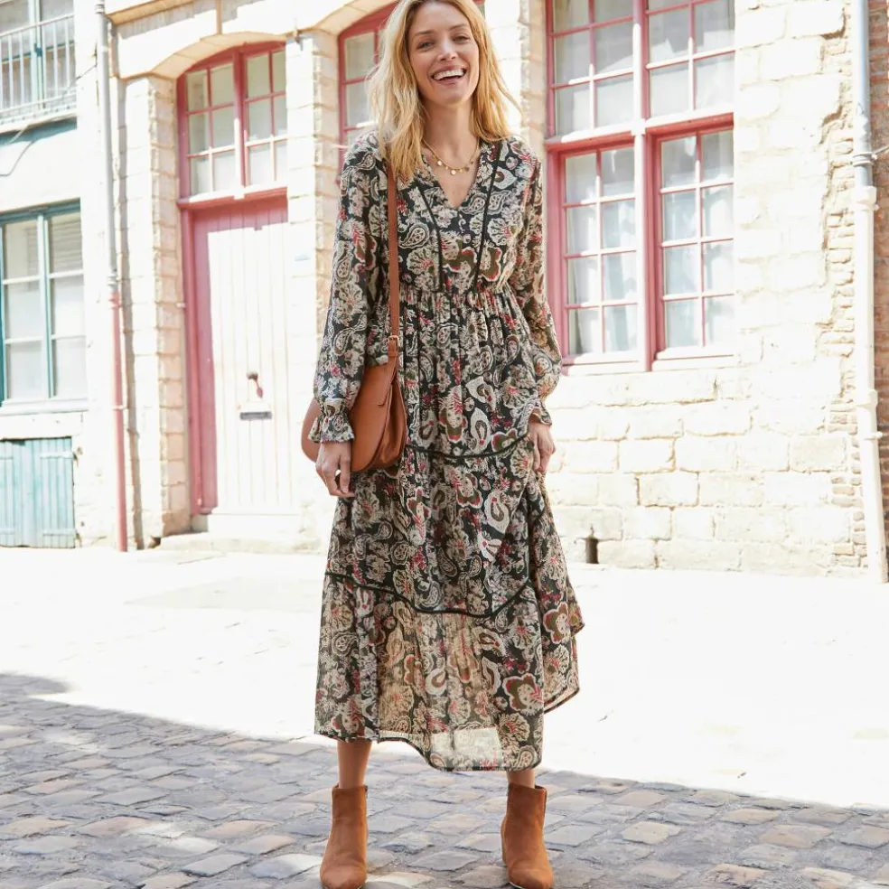 Robe longue volantée imprimée, crépon