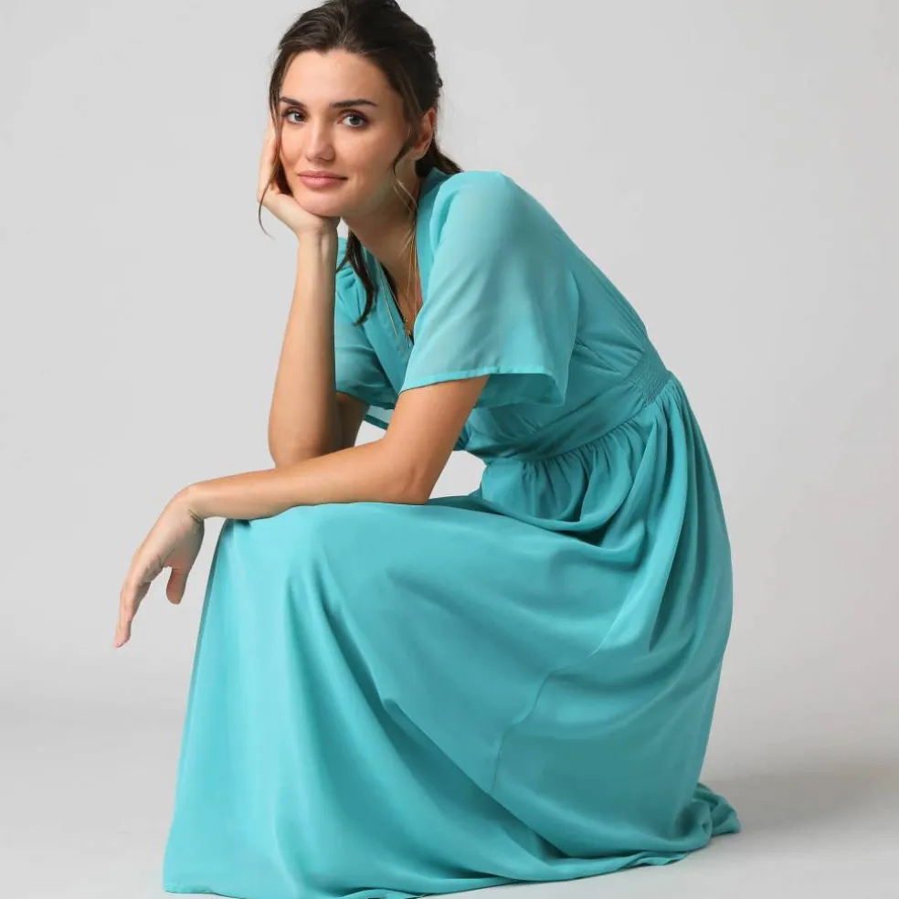 Robe longue volantée unie, à manches courtes papillon