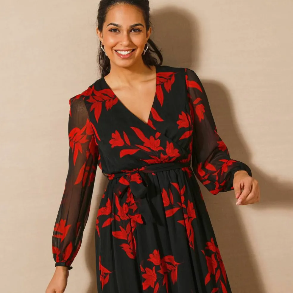 Robe longue volant, voile imprimé