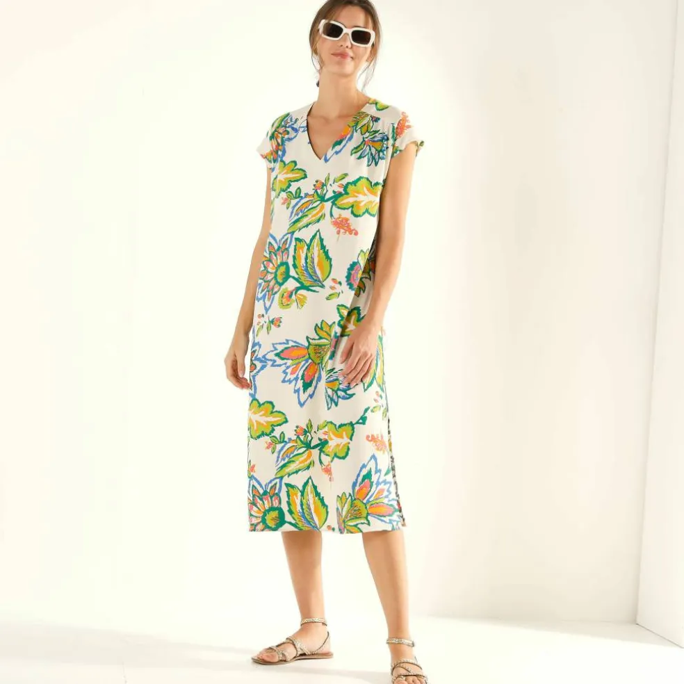 Robe manches courtes, crêpe imprimé