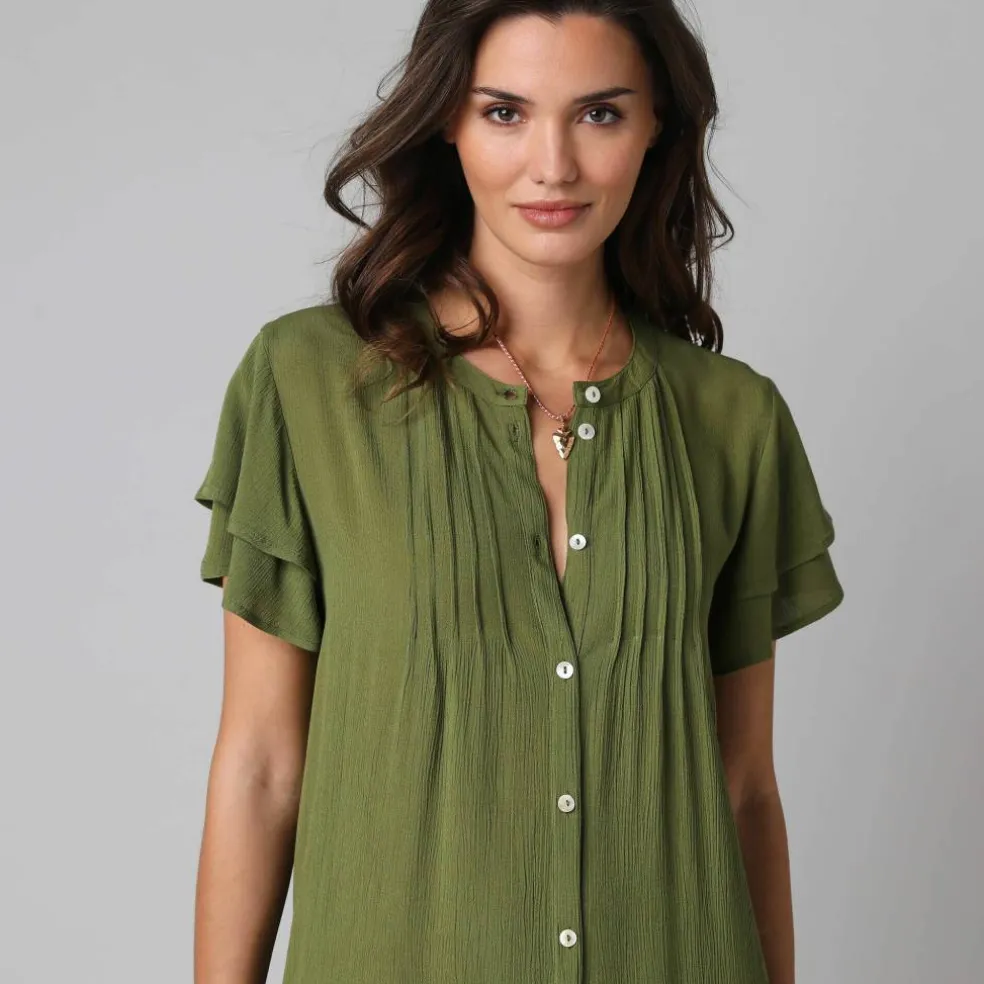 Robe unie manches courtes papillon, crépon