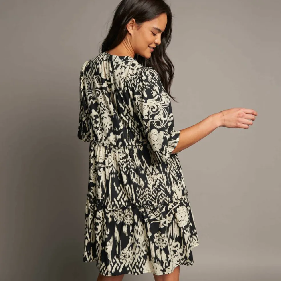 Robe évasée à volants, imprimé ethnique bicolore