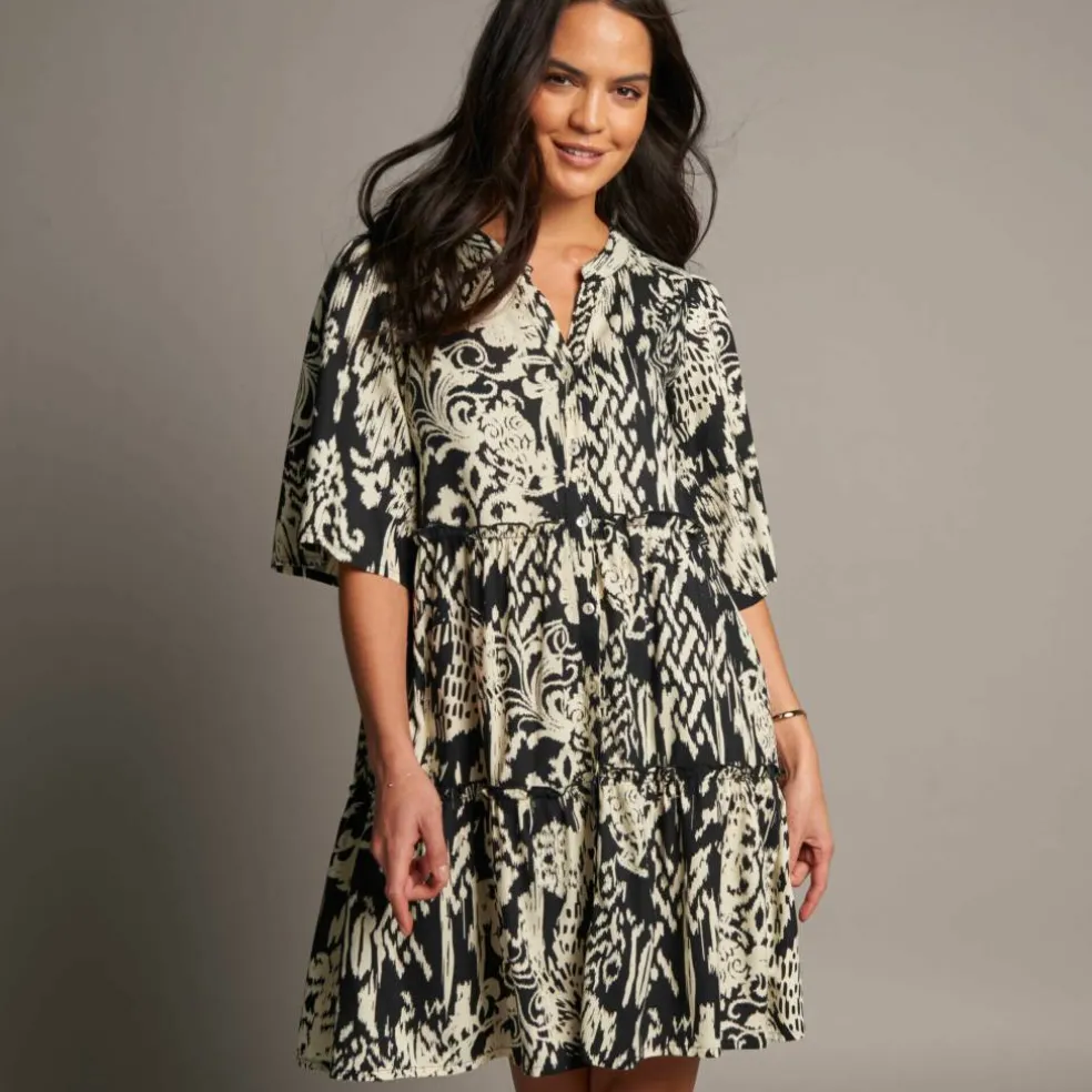 Robe évasée à volants, imprimé ethnique bicolore