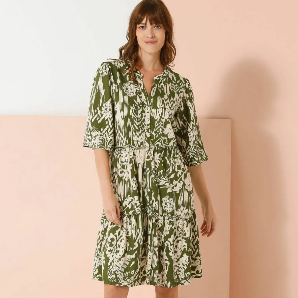 Robe évasée à volants, imprimé ethnique bicolore