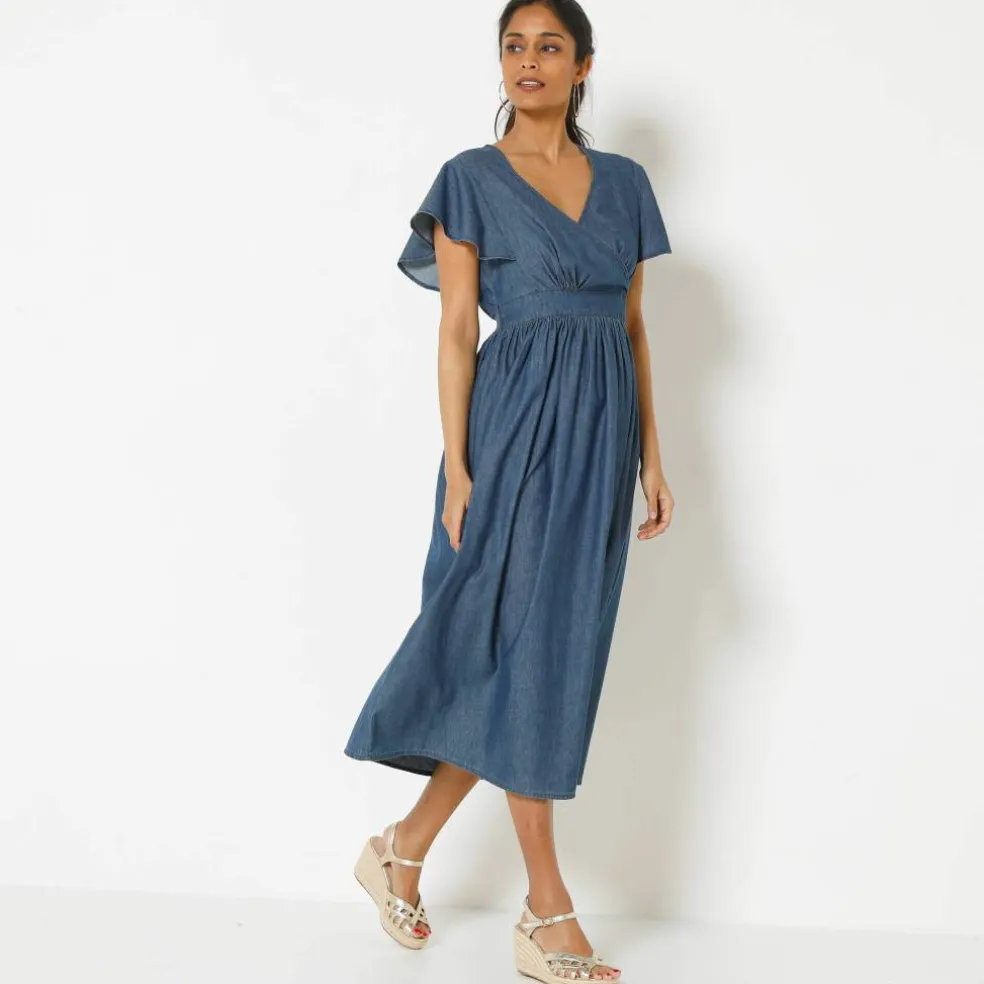 Robe volantée cache-coeur, denim léger